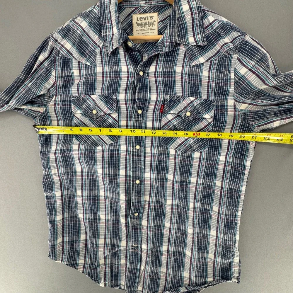 Levis Mens Plaid Western Pearl Snap Long Sleeve Shirt Blue Purple Medium
